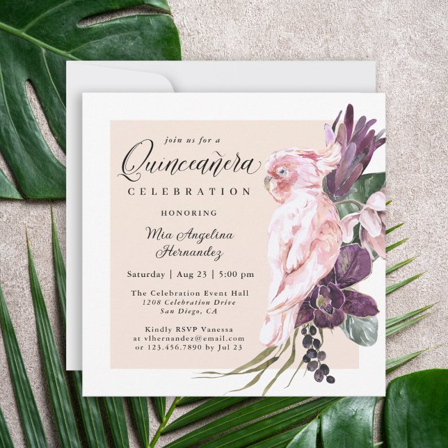 Invitation Boho Tropical Pink Parrot Floral Quinceanera (Créateur téléchargé)