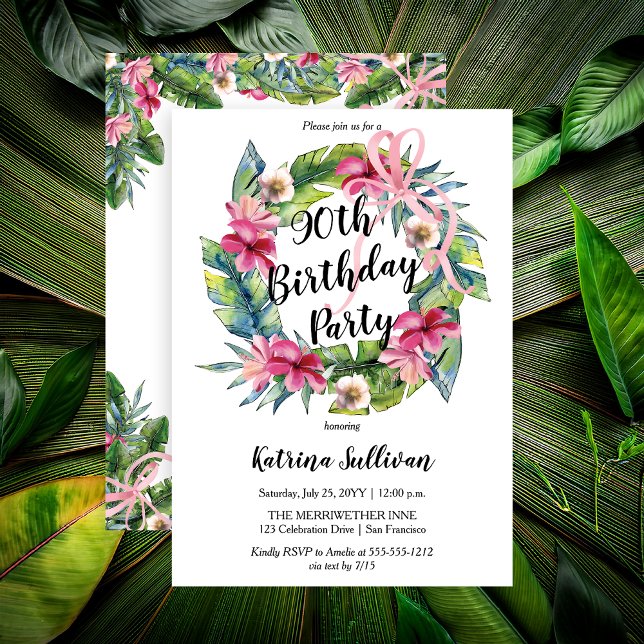 Invitation Boho Tropical Rose Floral 90e fête d'anniversaire (Boho Pink Hibiscus and Tropical Leaves with Pink Coquette Bow 90th Birthday Party Invitation)