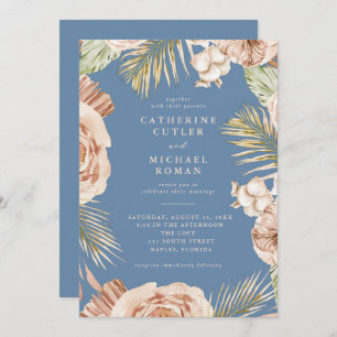 Invitation Boho Tropical Roses Dusty Blue Mariage