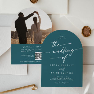 Invitation Boho Turquoise Bleu Photo QR Code Arch Mariage