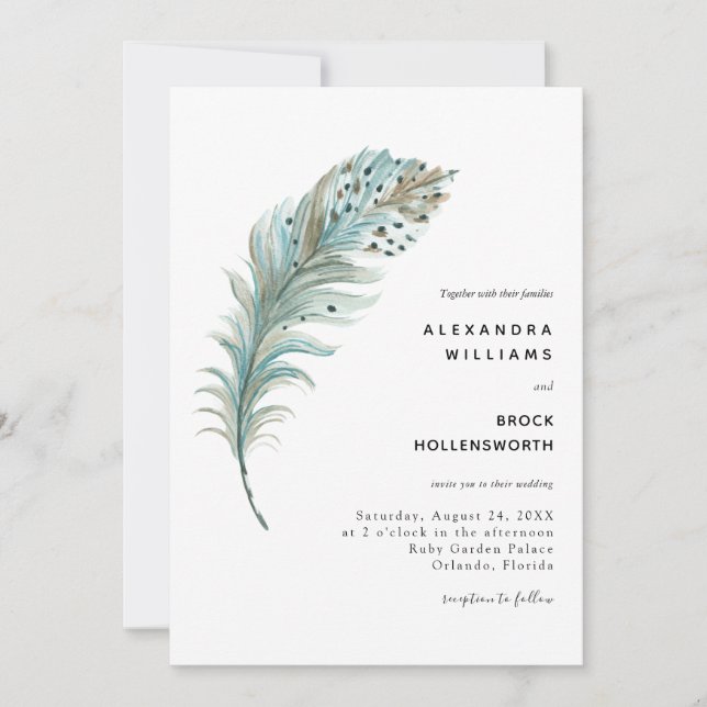 Invitation Boho Turquoise bleu plume Mariage minimal (Devant)