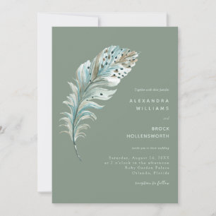 Invitation Boho Turquoise Plumes bleues minimes Sage vert