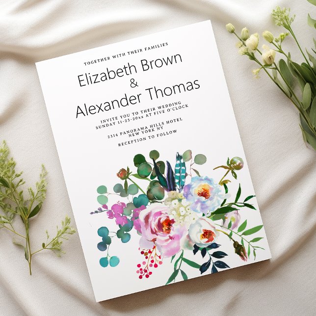 Invitation Boho turquoise rose blanc mariage (White pink teal green peony floral boho wedding)