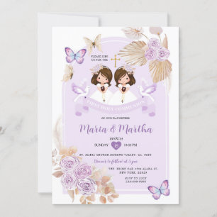 Invitation Boho TWIN Fille Première Sainte Communion Fleurs p