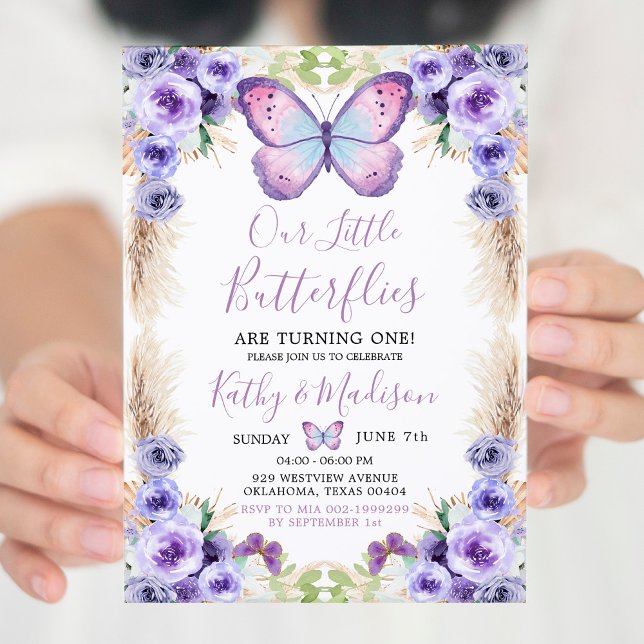 Invitation Boho Twin Purple Papillon Premier anniversaire Flo (Créateur téléchargé)