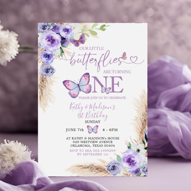 Invitation Boho Twin Purple Papillon Premier anniversaire Flo (Créateur téléchargé)