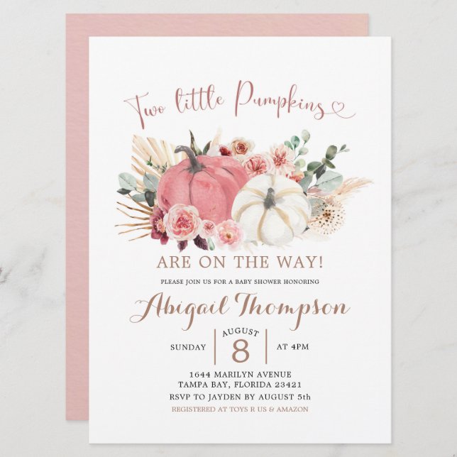 Invitation Boho Twin rose et blanc Baby shower Citrouille (Devant / Derrière)