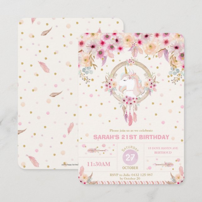 Invitation Boho Unicorn Anniversaire Floral Girl 21ème Annive (Devant / Derrière)
