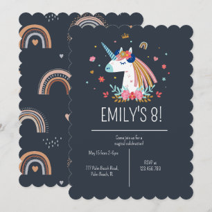 Invitation Boho Unicorn Moderne Marine Girls mignonne Anniver