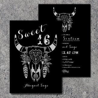 Invitation Boho Vache Crâne noir et blanc Douceur 16 Annivers