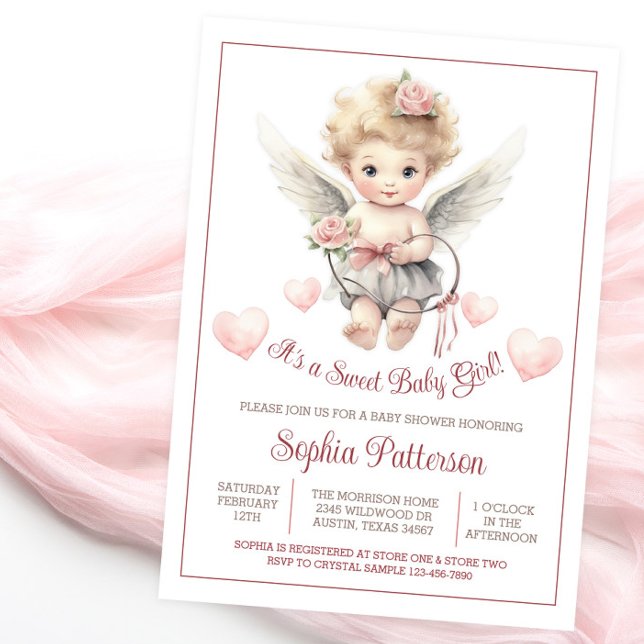 Invitation Boho Valentine Sweetheart Cherub Baby shower (Sweet angel cherub baby shower invitation.)