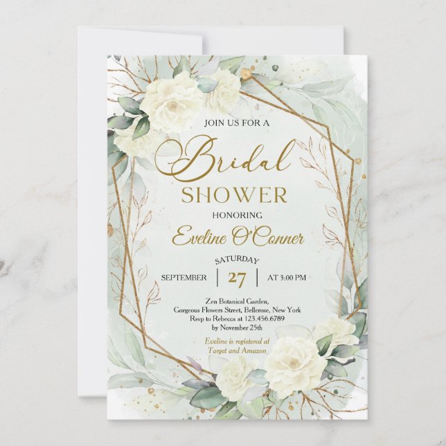 Invitation Boho verdure et fleurs blanches faux cadre or (Devant)