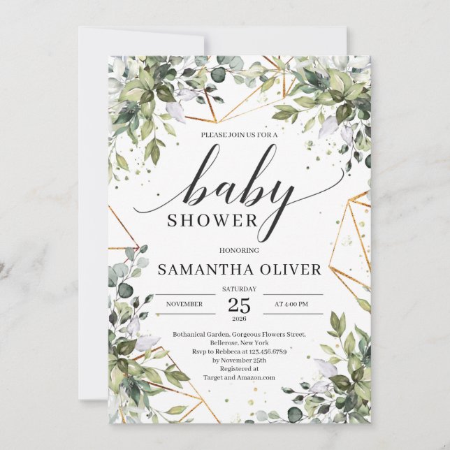 Invitation Boho verdure feuillage et baby shower cadre or (Devant)