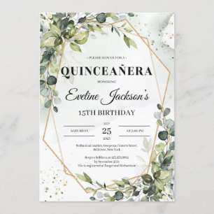 Invitation Boho verdure feuille cadre or quinceanera