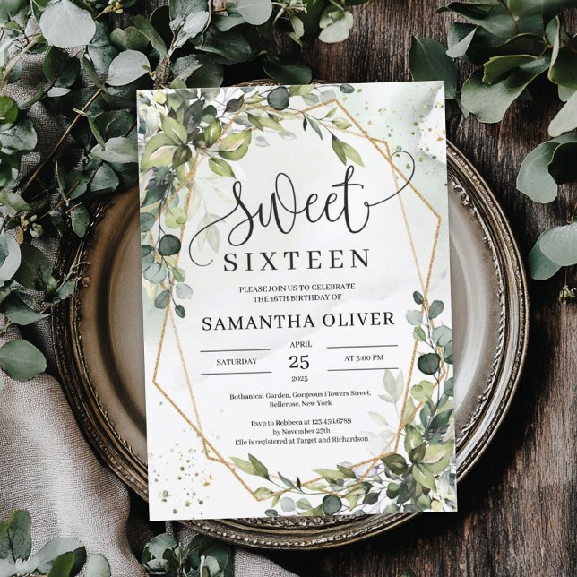 Invitation Boho verdure feuille or sweet sixteen géométrique (Boho greenery leaves gold geometric sweet sixteen invitation)