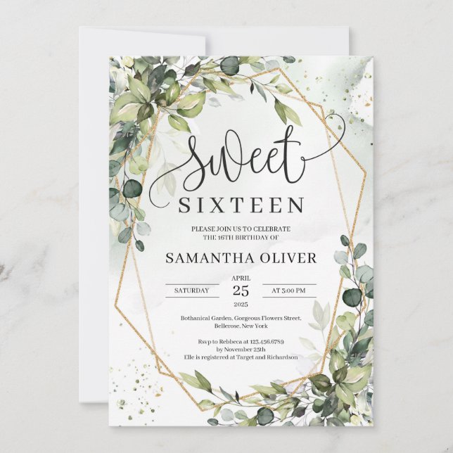 Invitation Boho verdure feuille or sweet sixteen géométrique (Devant)