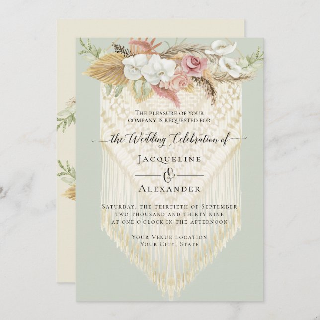 Invitation BOHO Verdure rose Floral Pampas Mint Mariage (Devant / Derrière)