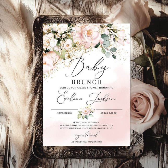 Invitation Boho verdure rose rose floral or brunch bébé (Boho greenery blush pink floral gold baby brunch invitation)