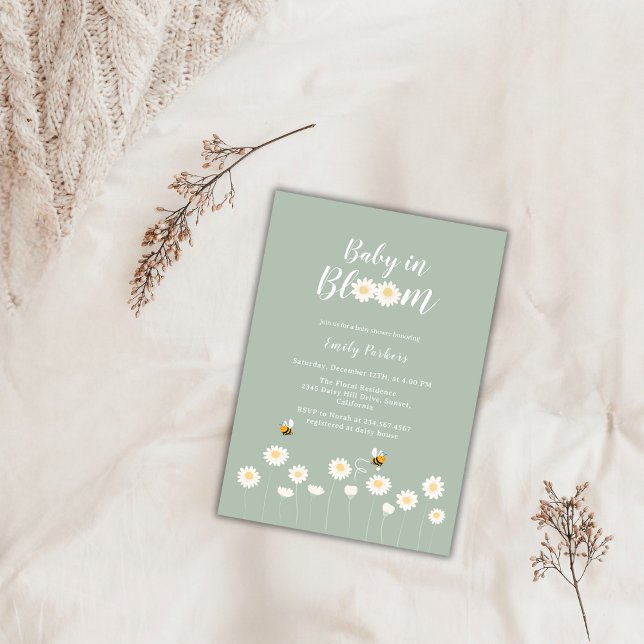 Invitation Boho Vert Daisy Floral Bébé En Fleur Douche (Green Boho Daisy Floral Baby In Bloom Shower Invitation)