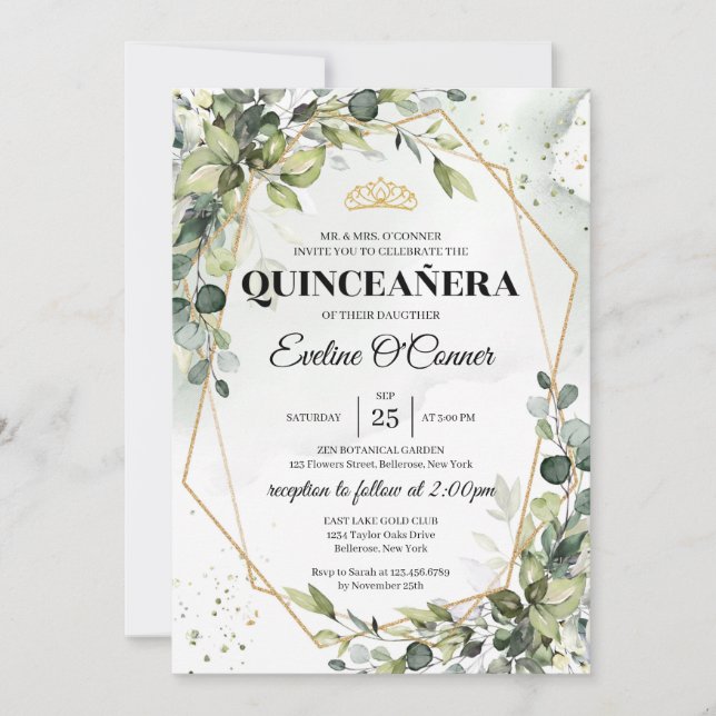 Invitation Boho vert eucalyptus or cadre couronne princière (Devant)