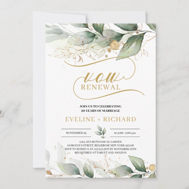 Invitation Boho vert eucalyptus or feuille vow renouveau (Devant)