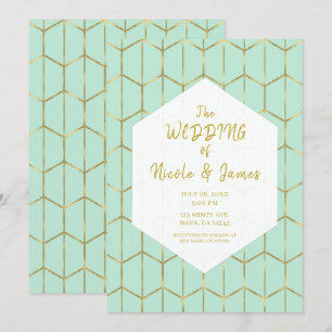 Invitation Boho Vert Menthe Hexagone Géométrique Doré Mariage