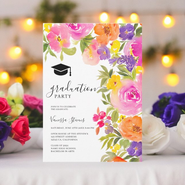 Invitation Boho vibrante jardin aquarelle fleurs graduation (Boho vibrant garden watercolor flowers graduation invitation)
