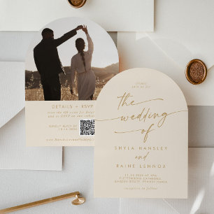 Invitation Boho Vintage Gold Photo QR Code Arch Mariage