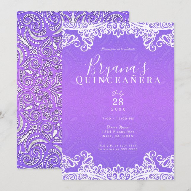 Invitation Boho Violet Rose Blanc Dentelle 15e Fête Quinceañe (Devant / Derrière)