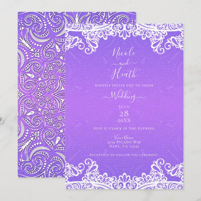 Invitation Boho violet rose blanc dentelle gras Motif Mariage (Devant / Derrière)