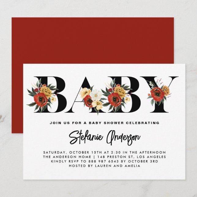 Invitation Boho Watercolor Anemone Botanique Baby shower d'au (Devant / Derrière)