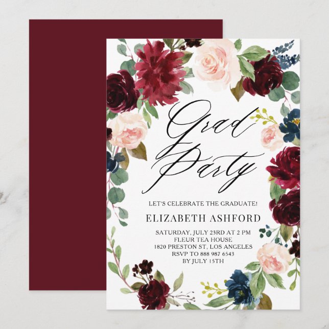 Invitation Boho Watercolor Automne Wreath Graduation Party (Devant / Derrière)