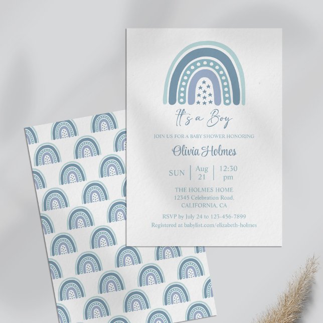 Invitation Boho Watercolor Blue Rainbow Baby shower (Boho Watercolor Blue Rainbow Baby Shower Invitation on a dusty blue table.)