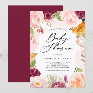 Invitation Boho Watercolor Blush Bourgogne Floral Baby shower
