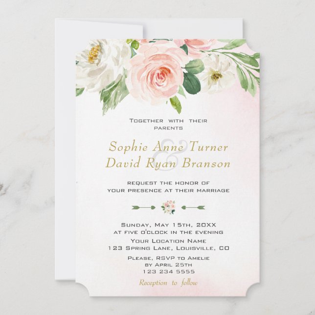 Invitation Boho Watercolor Blush Cream Flowers Mariage (Devant)