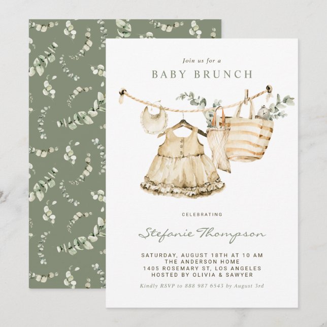 Invitation Boho Watercolor Clothesline Baby Brunch (Devant / Derrière)