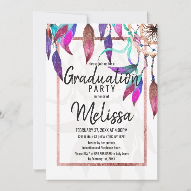Invitation Boho Watercolor Dreamcatcher Rose Gold Graduation (Devant)
