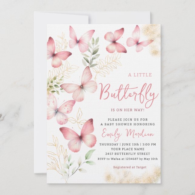Invitation Boho Watercolor Floral Butterfly Girl Baby shower (Devant)
