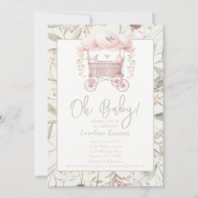 Invitation Boho Watercolor Flowers Baby shower Bassinet (Devant)