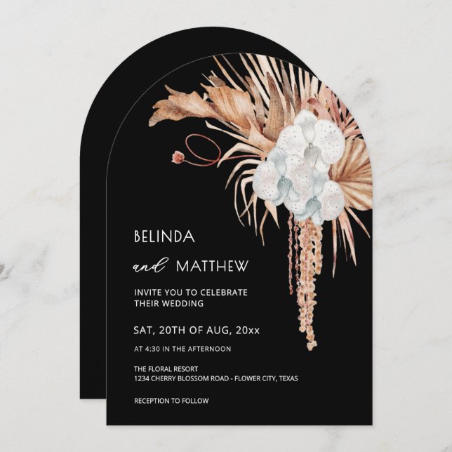 Invitation Boho Watercolor Flowers Black (Devant / Derrière)