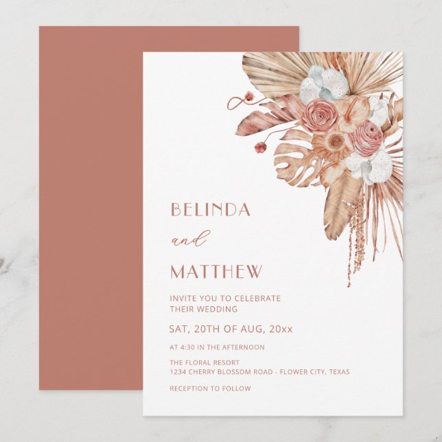 Invitation Boho Watercolor Flowers Casual Wedding (Devant / Derrière)