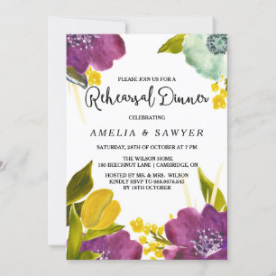 Invitation Boho Watercolor Flowers Répétition Dîner Invitatio