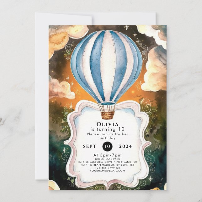 Invitation Boho Watercolor Hot Air Balloon Anniversaire (Devant)