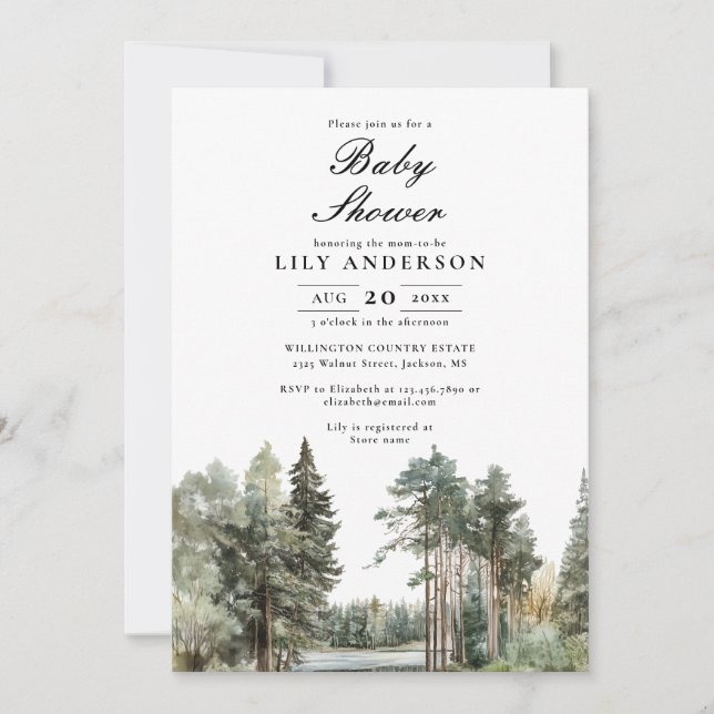 Invitation Boho Watercolor Lake Forest Baby shower forestier (Devant)