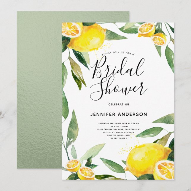 Invitation Boho Watercolor Lemon Fête des mariées (Devant / Derrière)