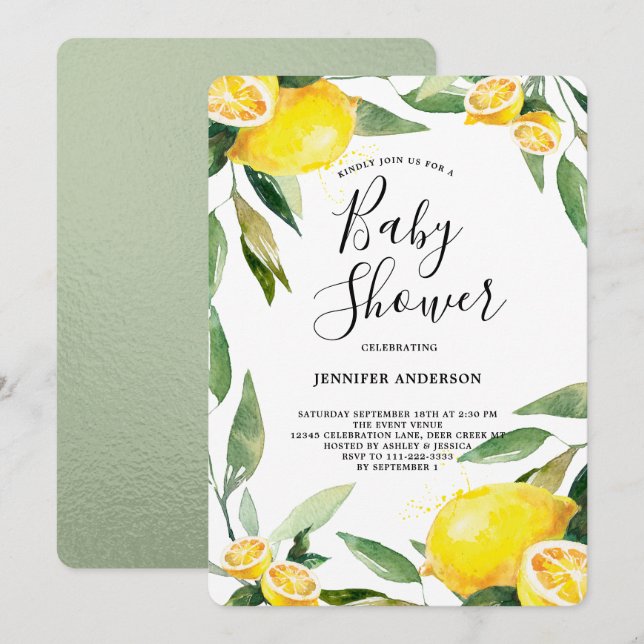 Invitation Boho Watercolor Lemon Wreath Baby shower (Devant / Derrière)