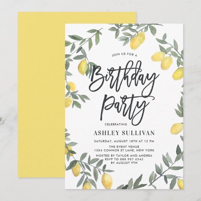 Invitation Boho Watercolor Lemon Wreath fête d'anniversaire (Devant / Derrière)