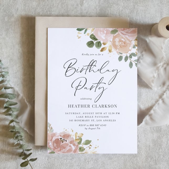 Invitation Boho Watercolor Mauve Peach Flowers Anniversaire (Boho Watercolor Mauve Peach Flowers Birthday Party Invitation)