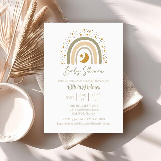 Invitation Boho Watercolor Neutral Rainbow Baby shower (Boho Watercolor Neutral Rainbow Baby Shower Invitation on a neutral boho table.)