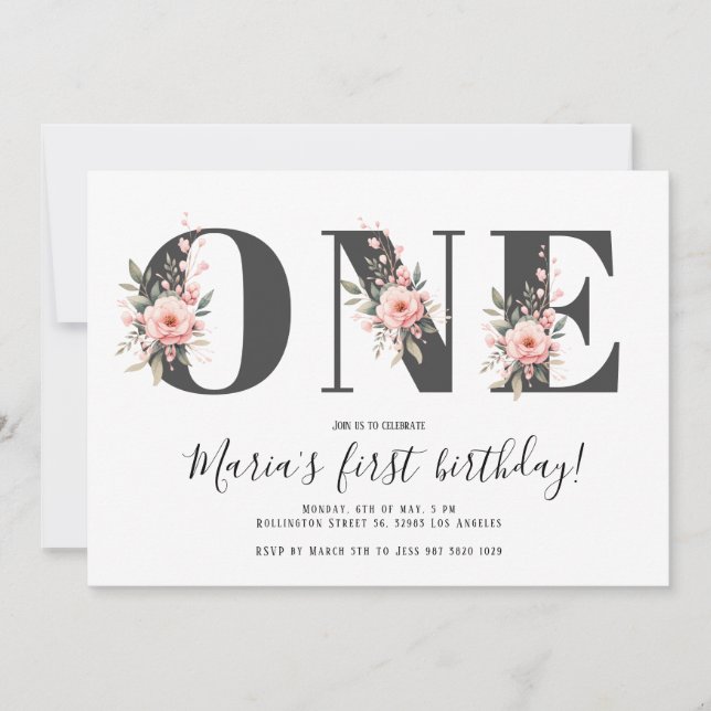 Invitation Boho Watercolor ONE 1er anniversaire fille (Devant)
